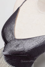 Gray Tulle Long A-Line Evening Prom Dress, V-Neck Spaghetti Straps Evening Dress