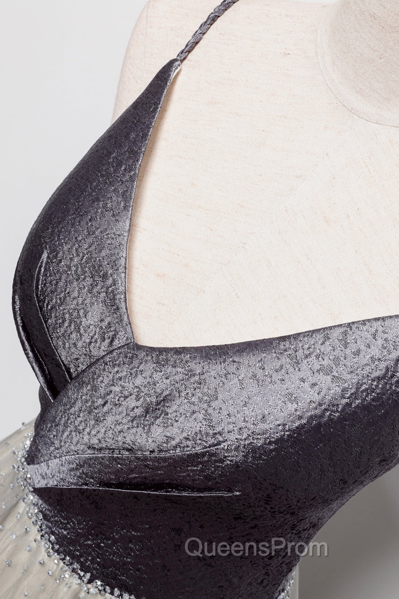 Gray Tulle Long A-Line Evening Prom Dress, V-Neck Spaghetti Straps Evening Dress