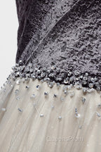 Gray Tulle Long A-Line Evening Prom Dress, V-Neck Spaghetti Straps Evening Dress