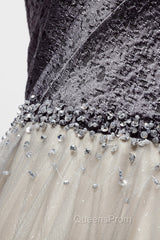 Gray Tulle Long A-Line Evening Prom Dress, V-Neck Spaghetti Straps Evening Dress