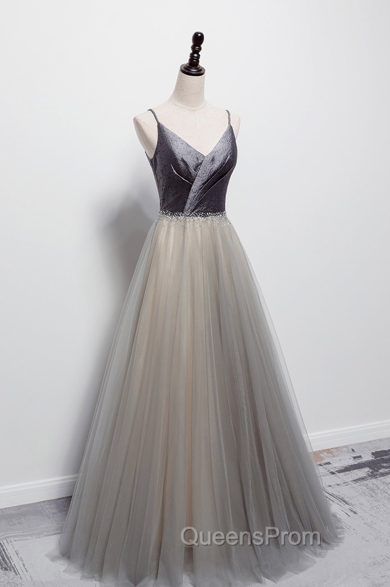 Gray Tulle Long A-Line Evening Prom Dress, V-Neck Spaghetti Straps Evening Dress
