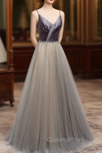 Gray Tulle Long A-Line Evening Prom Dress, V-Neck Spaghetti Straps Evening Dress