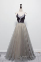Gray Tulle Long A-Line Evening Prom Dress, V-Neck Spaghetti Straps Evening Dress