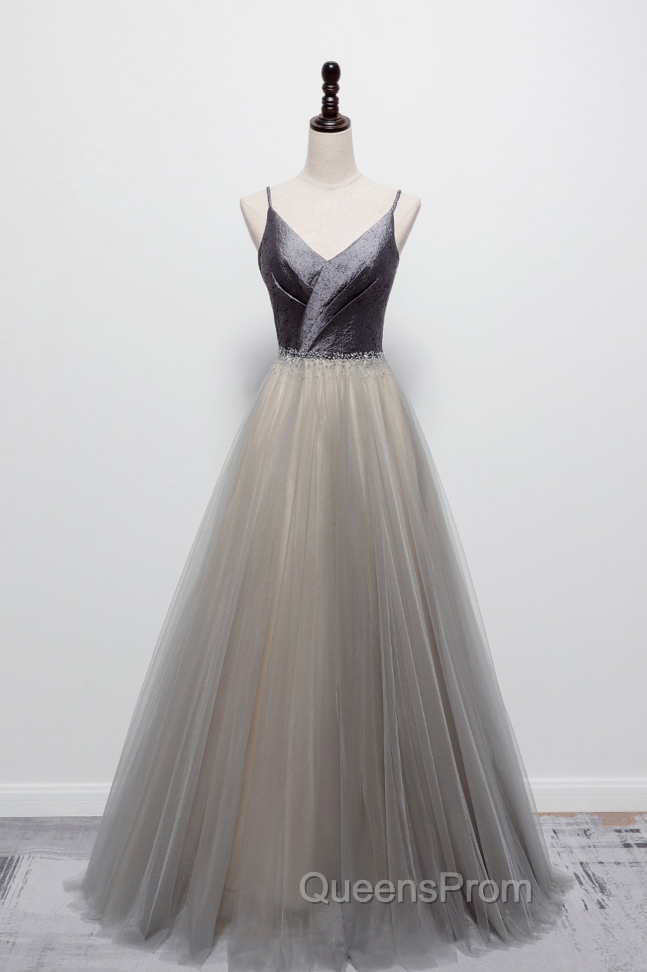 Gray Tulle Long A-Line Evening Prom Dress, V-Neck Spaghetti Straps Evening Dress