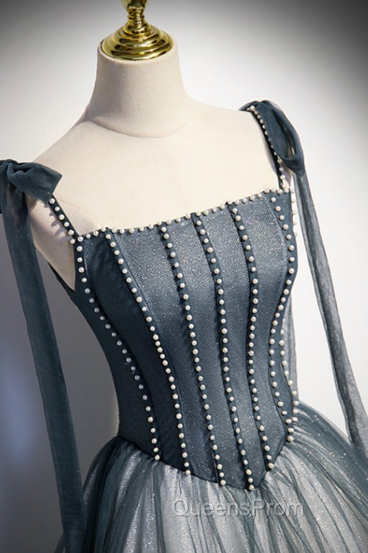 Gray Tulle Long A-Line Evening Prom Dress with Beaded, Spaghetti Straps Gray Evening Dress Secondary image