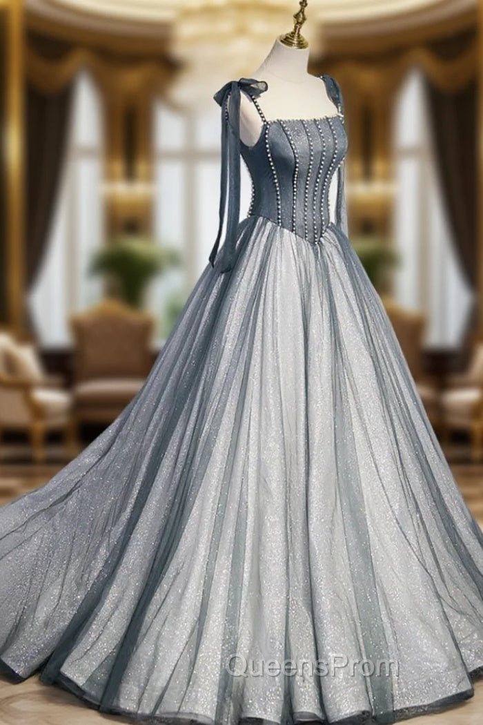 Gray Tulle Long A-Line Evening Prom Dress with Beaded, Spaghetti Straps Gray Evening Dress