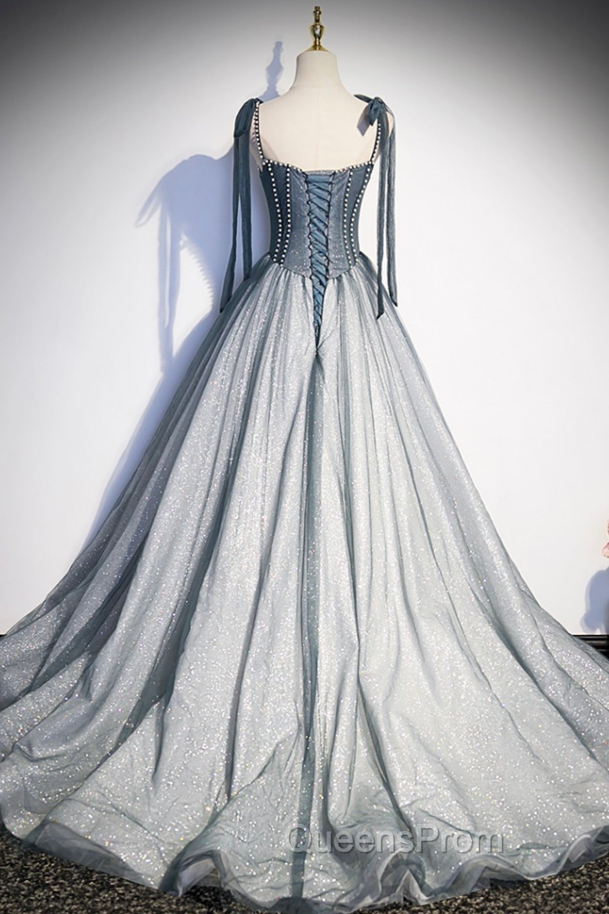 Gray Tulle Long A-Line Evening Prom Dress with Beaded, Spaghetti Straps Gray Evening Dress