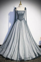 Gray Tulle Long A-Line Evening Prom Dress with Beaded, Spaghetti Straps Gray Evening Dress
