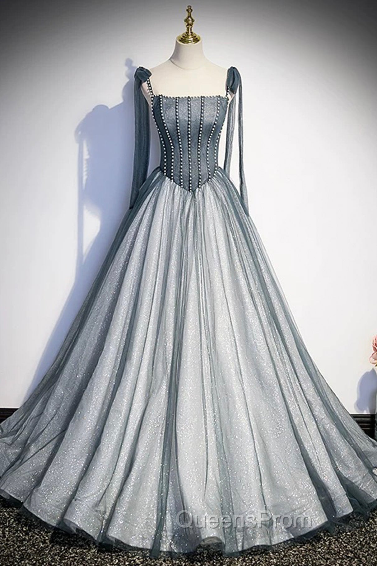 Gray Tulle Long A-Line Evening Prom Dress with Beaded, Spaghetti Straps Gray Evening Dress