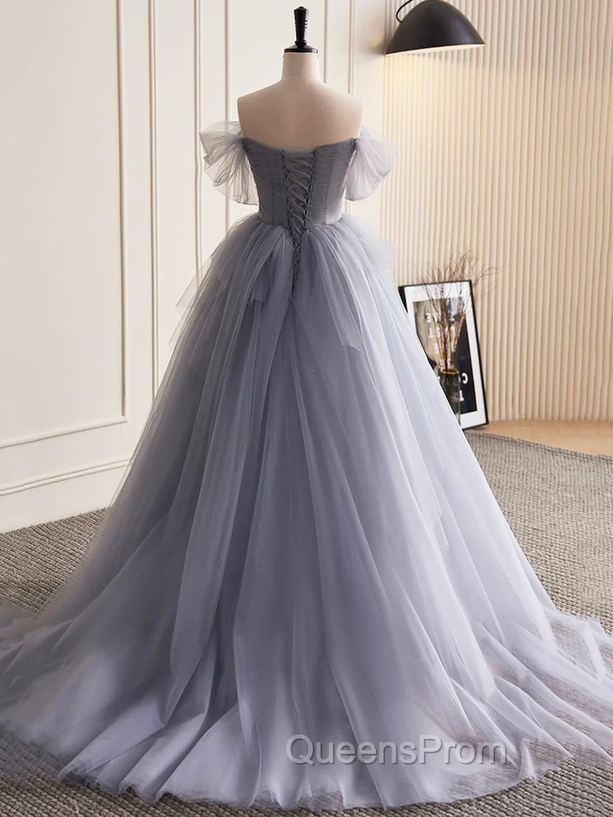 Gray Tulle Long Floral Evening Prom Dress, Gray Tulle Long Lace Evening Dress Secondary image