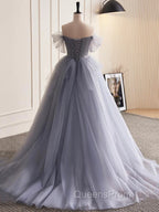 Gray Tulle Long Floral Evening Prom Dress, Gray Tulle Long Lace Evening Dress