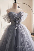 Gray Tulle Long Evening Prom Dress, Off Shoulder Evening Dress Party Dress
