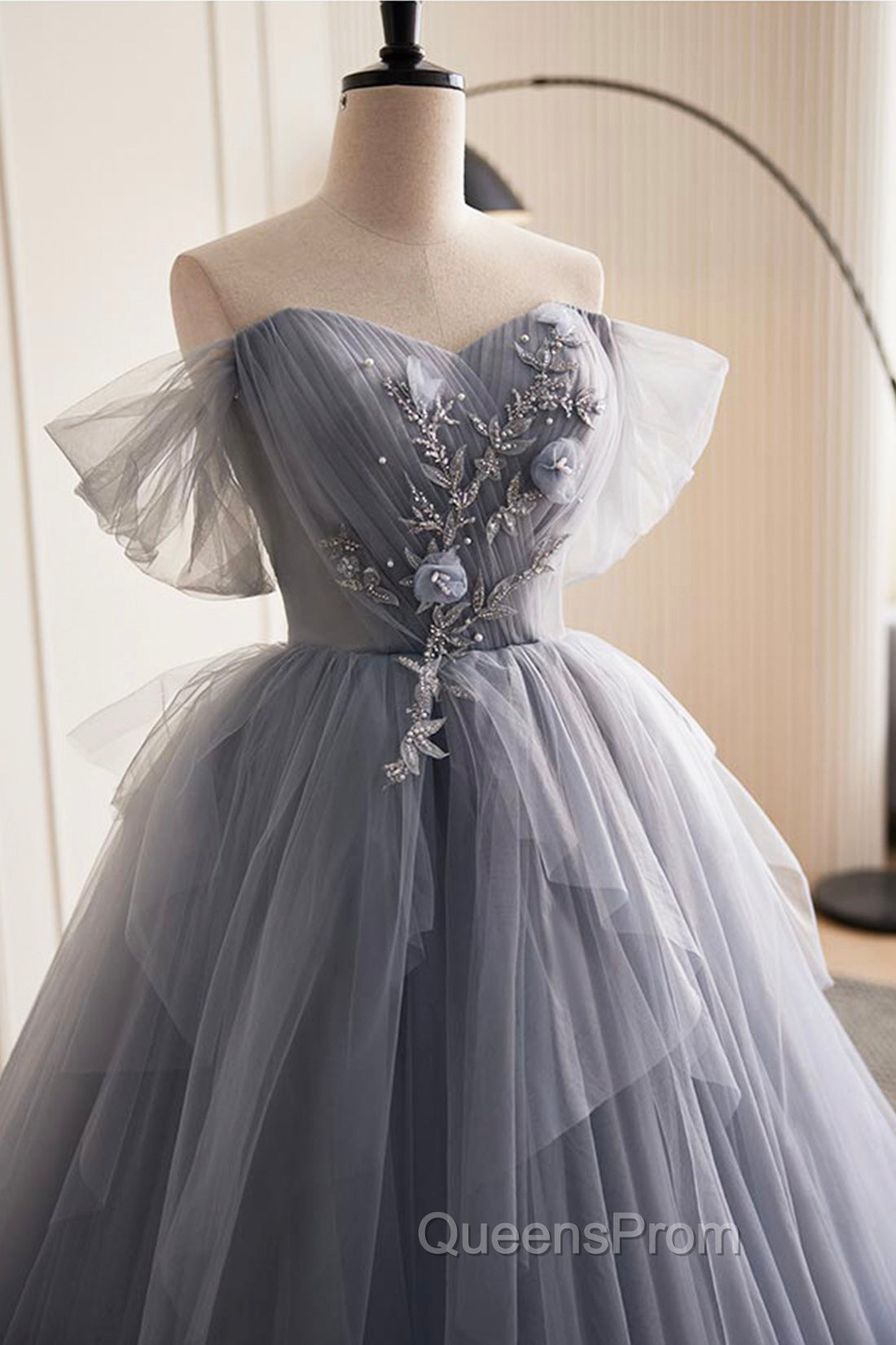 Gray Tulle Long Evening Prom Dress, Off Shoulder Evening Dress Party Dress