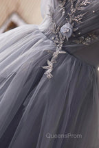 Gray Tulle Long Evening Prom Dress, Off Shoulder Evening Dress Party Dress