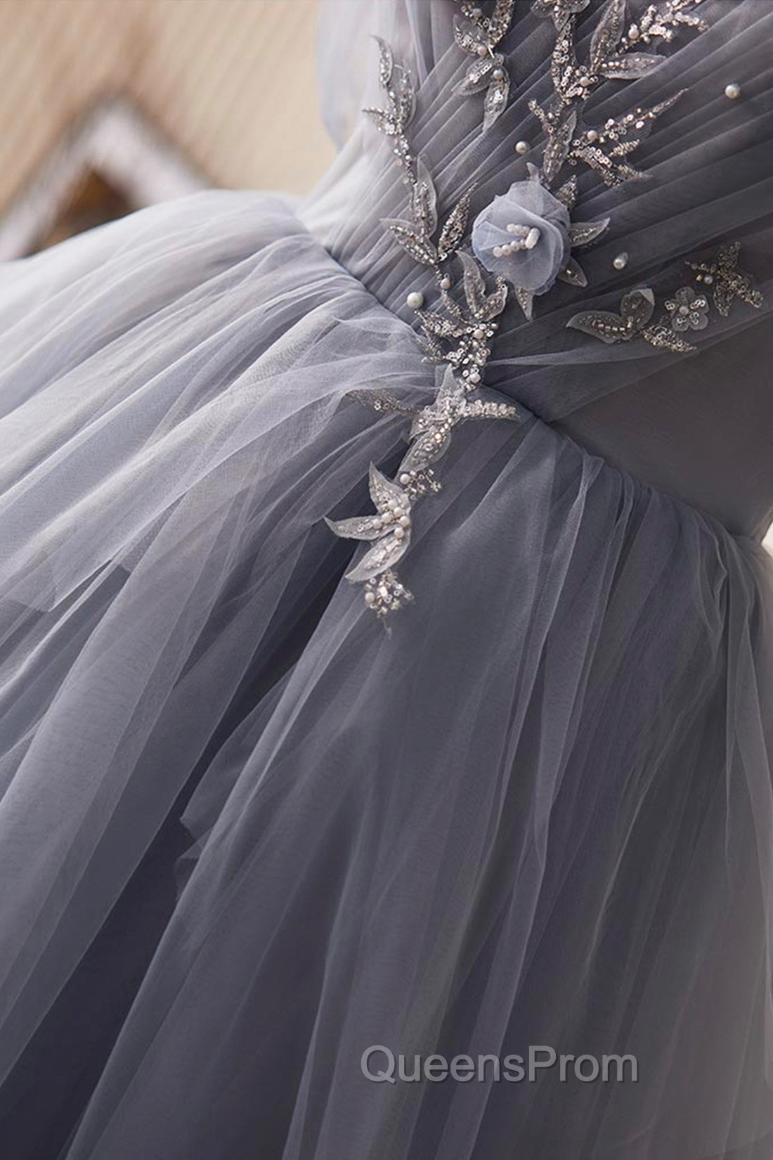 Gray Tulle Long Evening Prom Dress, Off Shoulder Evening Dress Party Dress