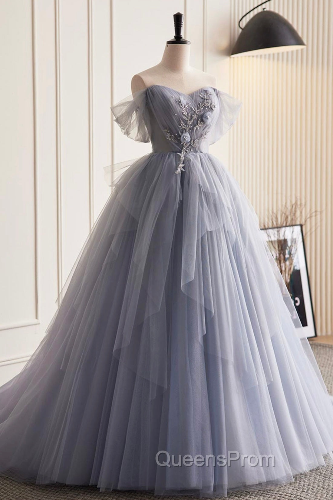 Gray Tulle Long Evening Prom Dress, Off Shoulder Evening Dress Party Dress