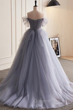 Gray Tulle Long Evening Prom Dress, Off Shoulder Evening Dress Party Dress