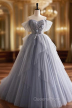 Gray Tulle Long Evening Prom Dress, Off Shoulder Evening Dress Party Dress