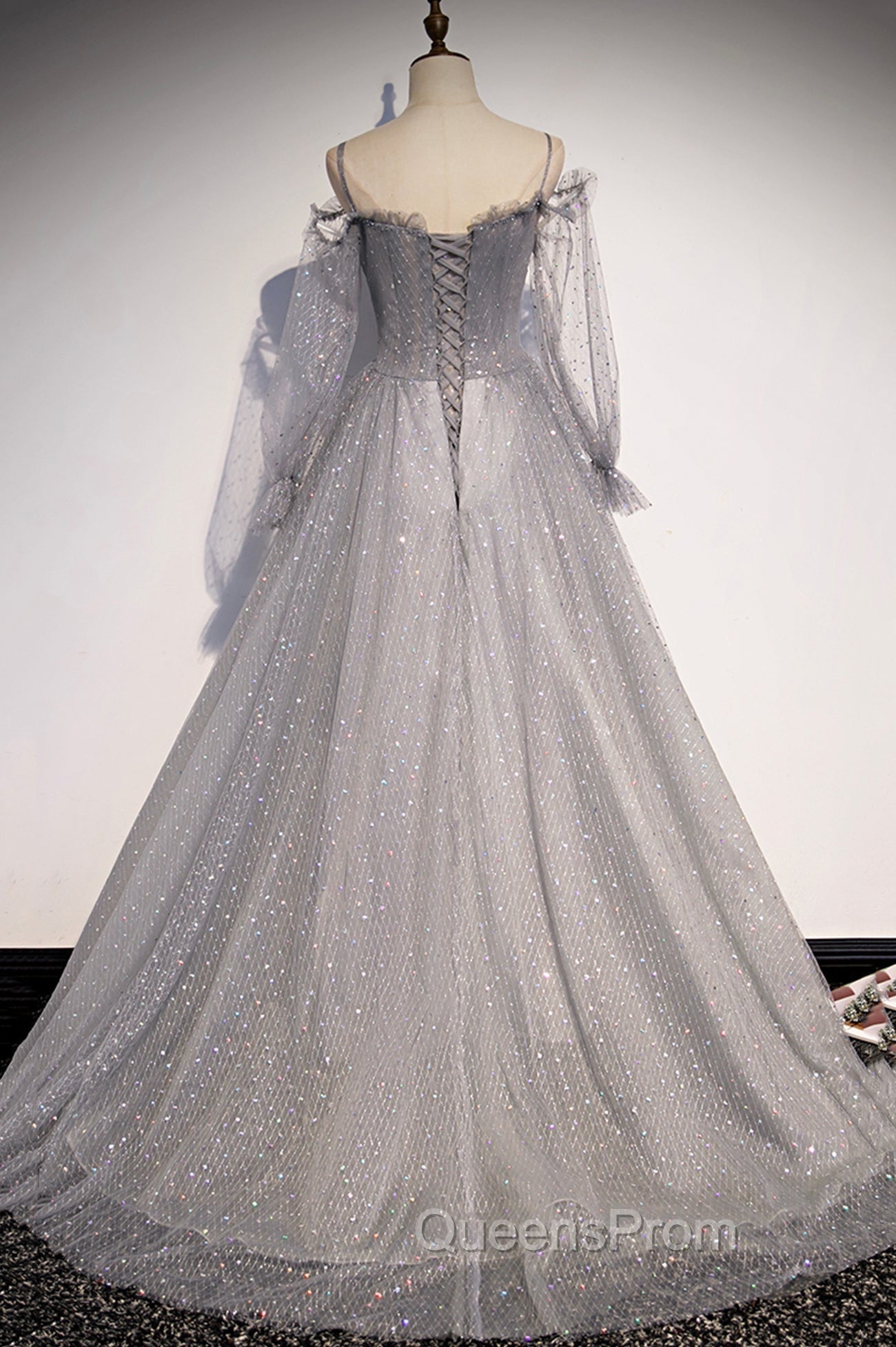Gray Tulle Long Sleeve A-Line Evening Prom Dress, Spaghetti Straps Evening Dress