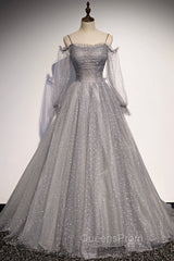 Gray Tulle Long Sleeve A-Line Evening Prom Dress, Spaghetti Straps Evening Dress
