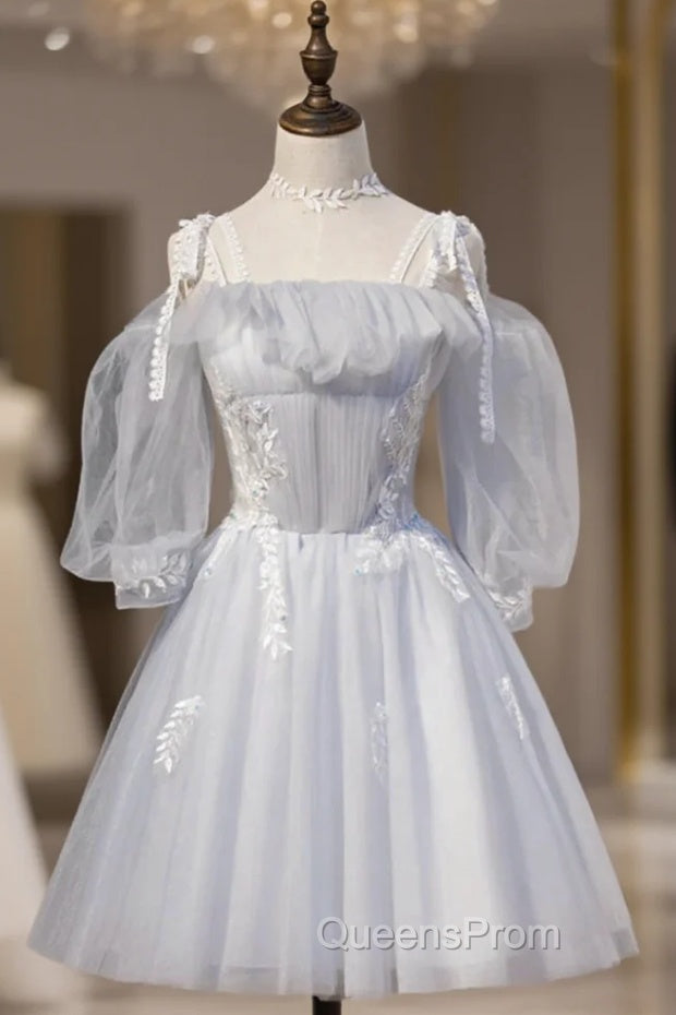 Gray Tulle Long Sleeve Pleats Homecoming Dress Main image