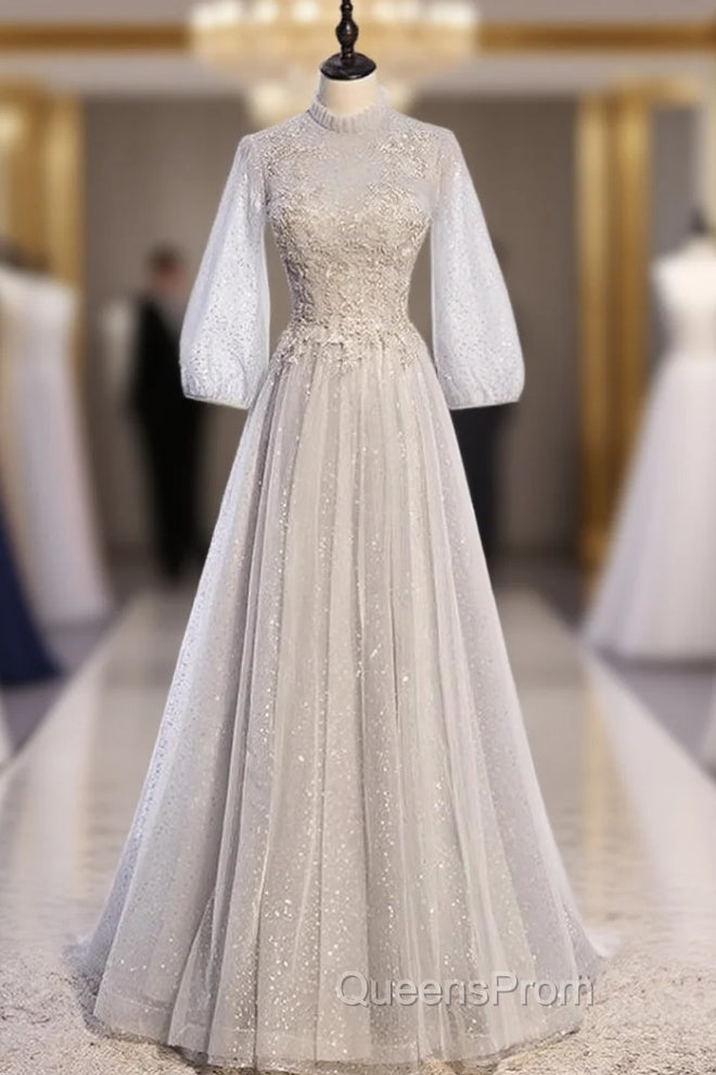 Gray Tulle Long Sleeve Sequins Beading Evening Prom Dress Main image