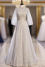 Gray Tulle Long Sleeve Sequins Beading Evening Prom Dress