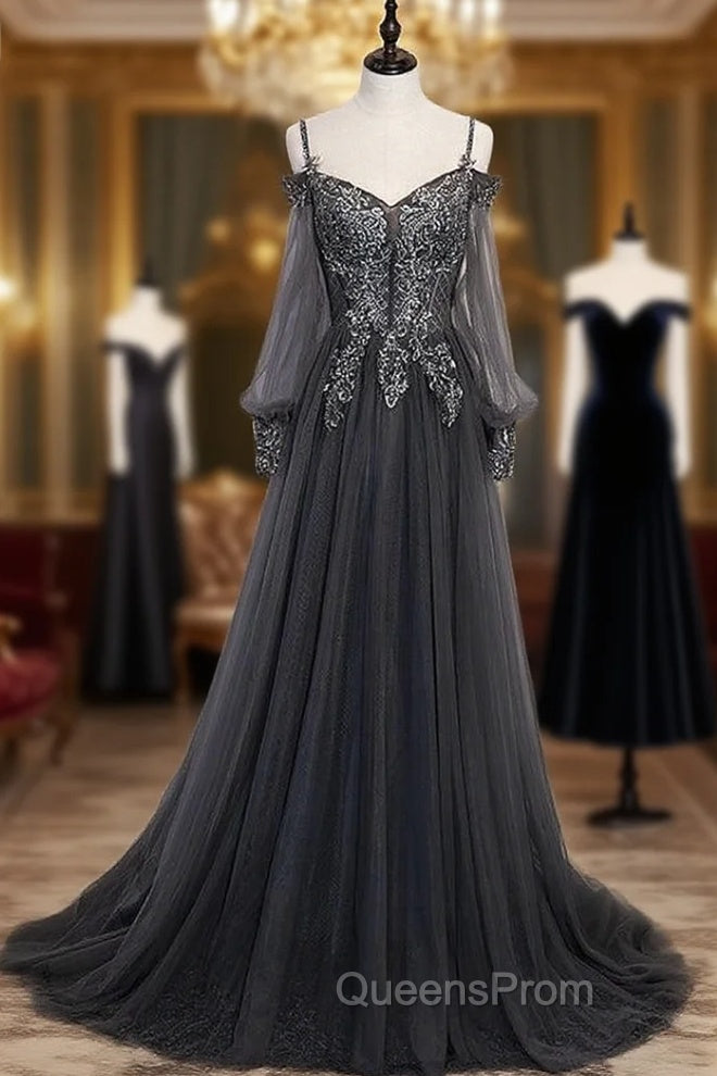 Gray Tulle Long Sleeve Spaghetti Straps Appliques Beading Evening Prom Dress Main image
