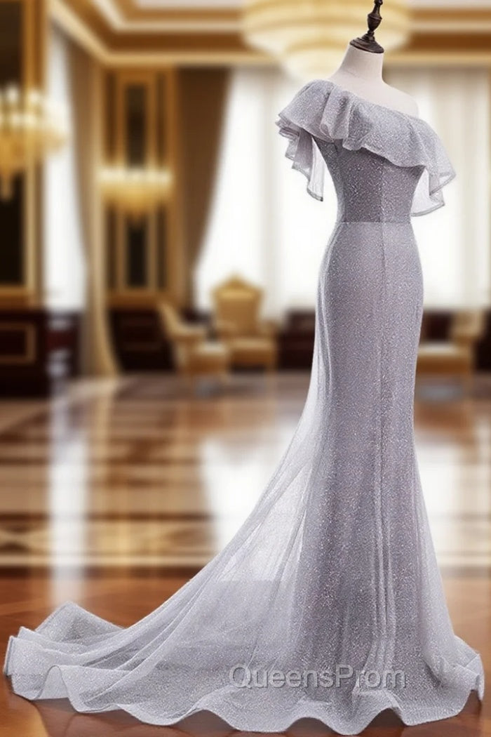 Gray Tulle Mermaid Long Evening Prom Dress Gray Tulle Evening Dress