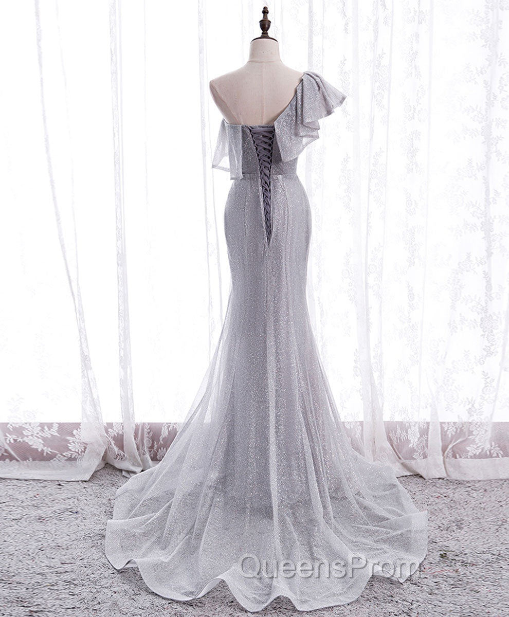 Gray Tulle Mermaid Long Evening Prom Dress Gray Tulle Evening Dress