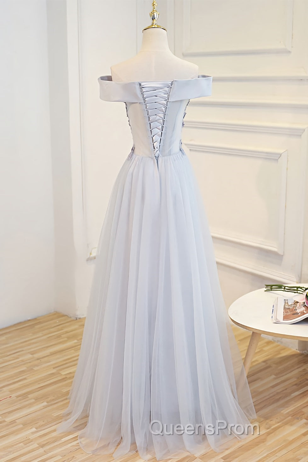Gray tulle off shoulder lace long Evening Prom Dress gray tulle formal Dress Secondary image