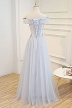 Gray tulle off shoulder lace long Evening Prom Dress gray tulle formal Dress
