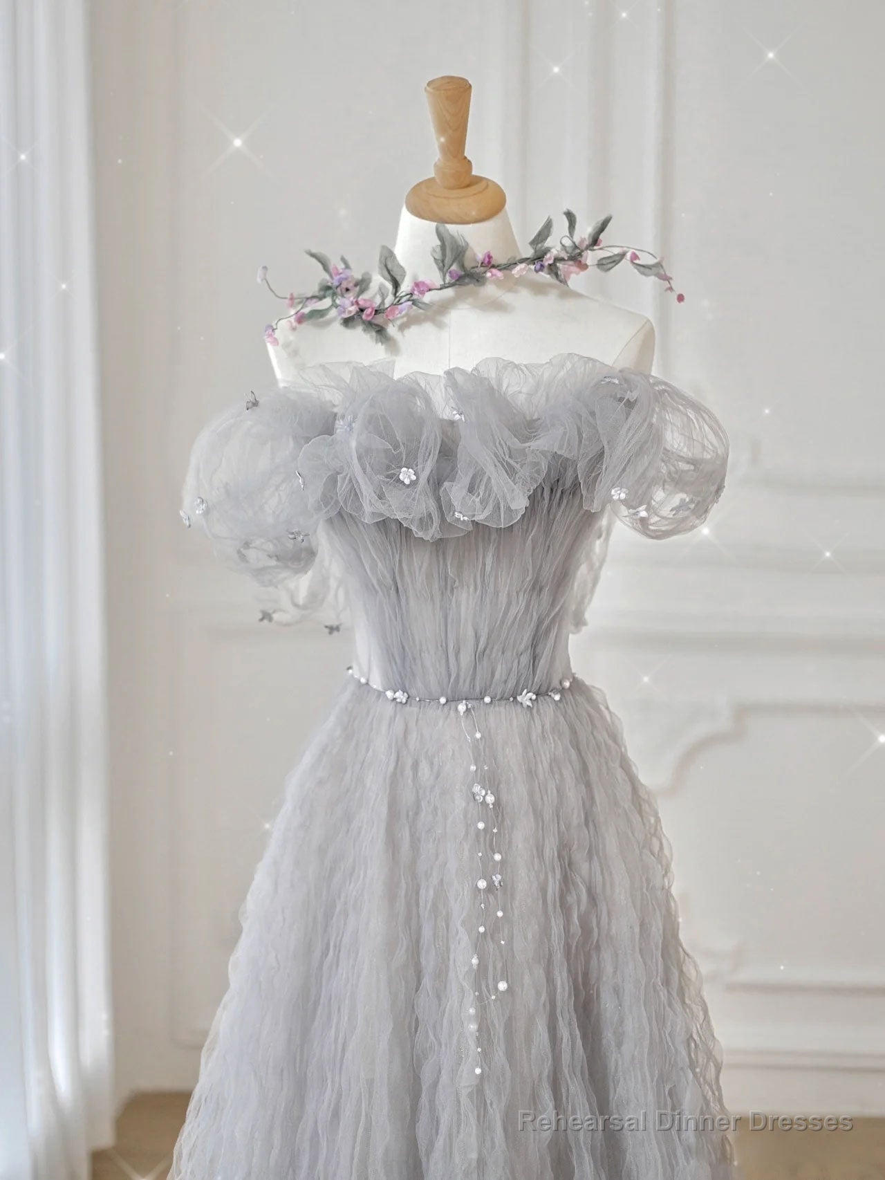 Gray tulle off shoulder long prom dress, gray tulle formal dress Secondary image