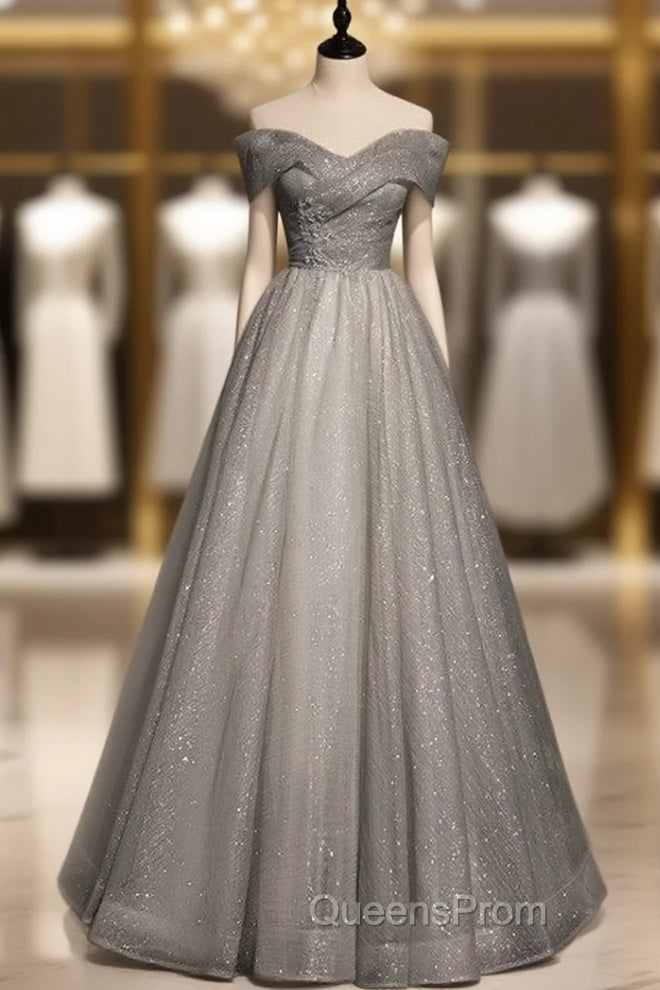 Gray Tulle Off the Shoulder Beading Evening Prom Dress Main image