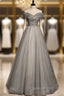 Gray Tulle Off the Shoulder Beading Evening Prom Dress