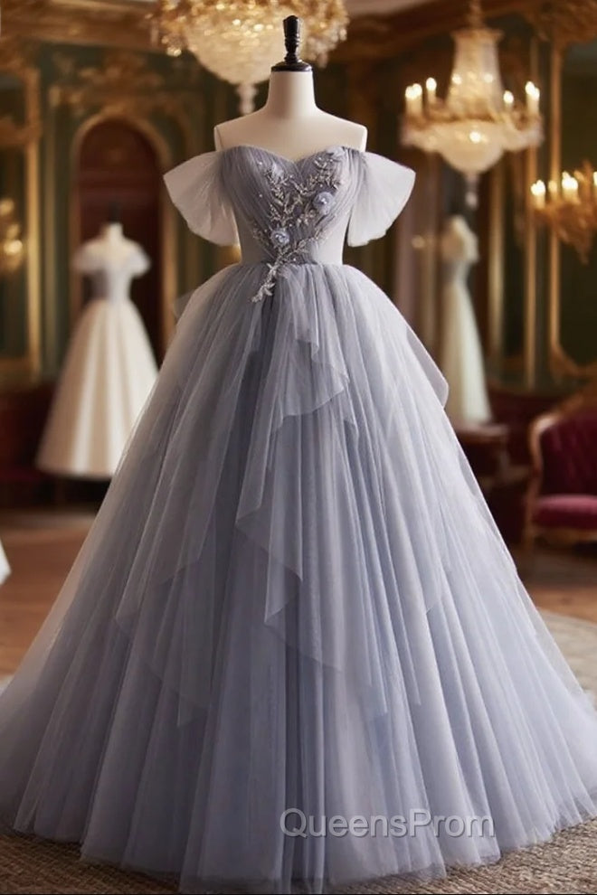 Gray Tulle Off the Shoulder Beading Off the Shoulder Evening Prom Dress Main image