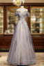 Gray Tulle Off the Shoulder Beading Evening Prom Dress