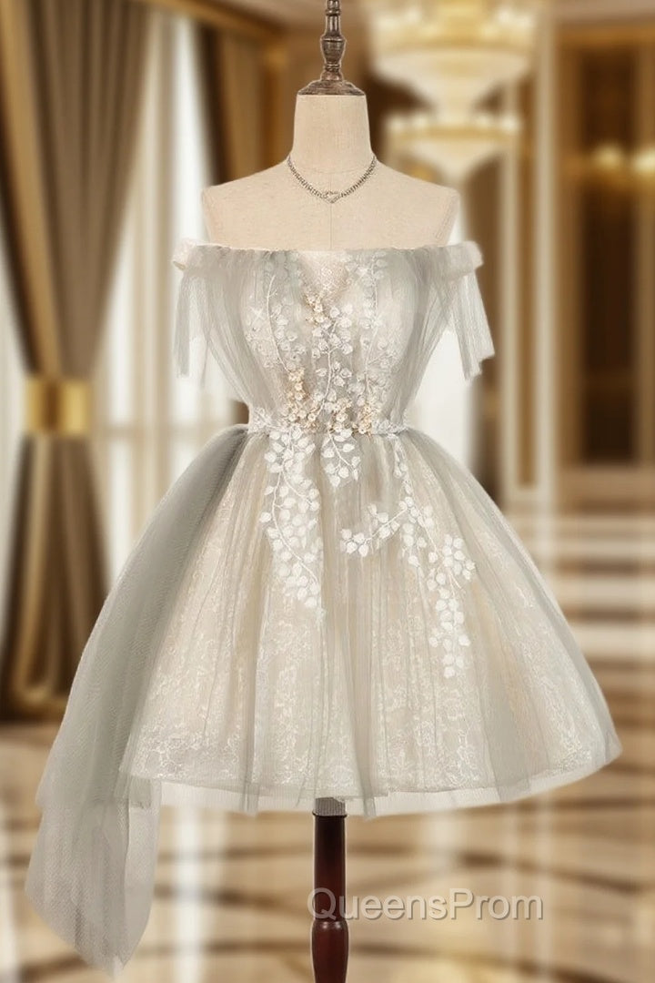 Gray Tulle Off the Shoulder Homecoming Dress
