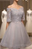 Gray Tulle Off The Shoulder Lace Homecoming Dress