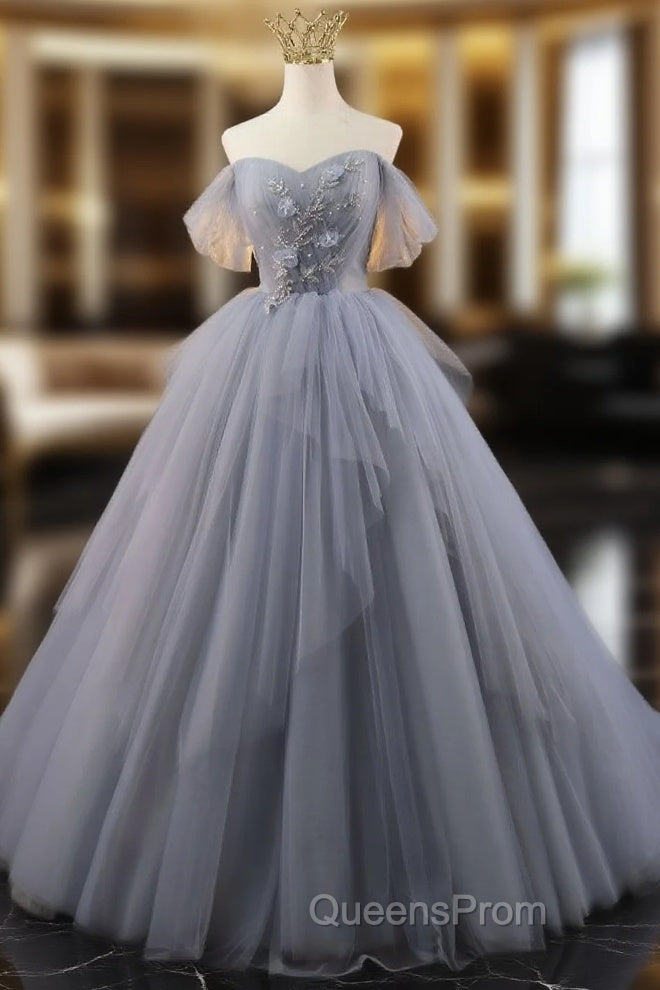 Gray Tulle Off the Shoulder Pleats Beading Evening Prom Dress