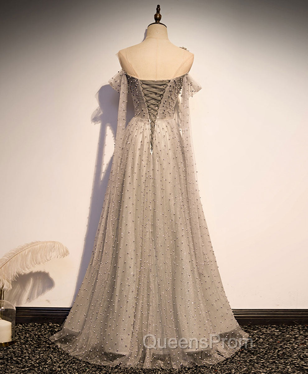 Gray Tulle One Shoulder Long Evening Prom Dress, Gray Evening Graduation Dress with Beading Secondary image