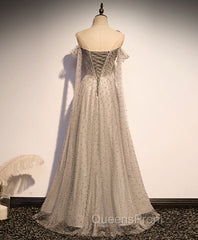Gray Tulle One Shoulder Long Evening Prom Dress, Gray Evening Graduation Dress with Beading