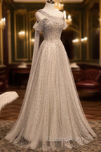 Gray Tulle One Shoulder Long Evening Prom Dress, Gray Evening Graduation Dress with Beading
