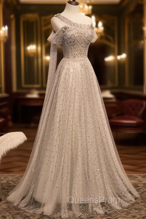 Gray Tulle One Shoulder Long Evening Prom Dress, Gray Evening Graduation Dress with Beading
