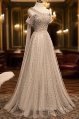 Gray Tulle One Shoulder Long Evening Prom Dress, Gray Evening Graduation Dress with Beading