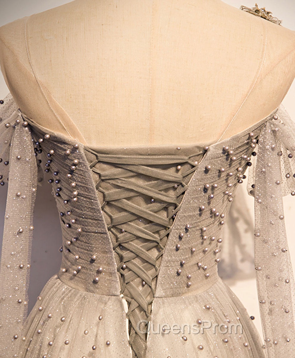 Gray Tulle One Shoulder Long Evening Prom Dress, Gray Evening Graduation Dress with Beading