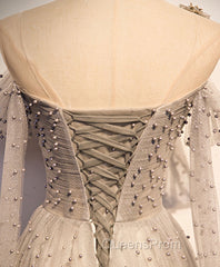 Gray Tulle One Shoulder Long Evening Prom Dress, Gray Evening Graduation Dress with Beading