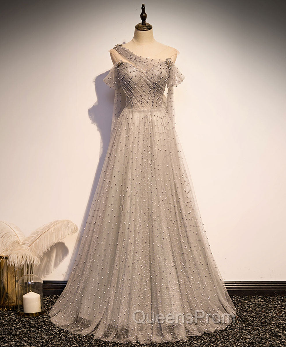 Gray Tulle One Shoulder Long Evening Prom Dress, Gray Evening Graduation Dress with Beading Main image