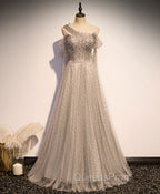 Gray Tulle One Shoulder Long Evening Prom Dress, Gray Evening Graduation Dress with Beading