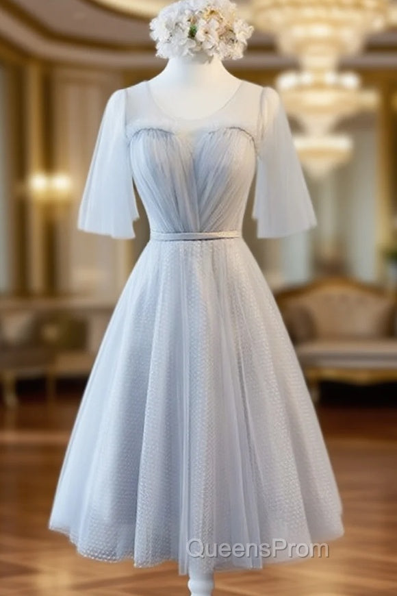 Gray Tulle Pleats Backless Bridesmaid Dress